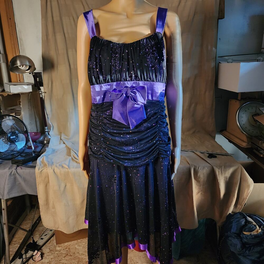 XL Purple/Black Sequin DEB's Dress. Polyester/Spandex. Shoulder Straps